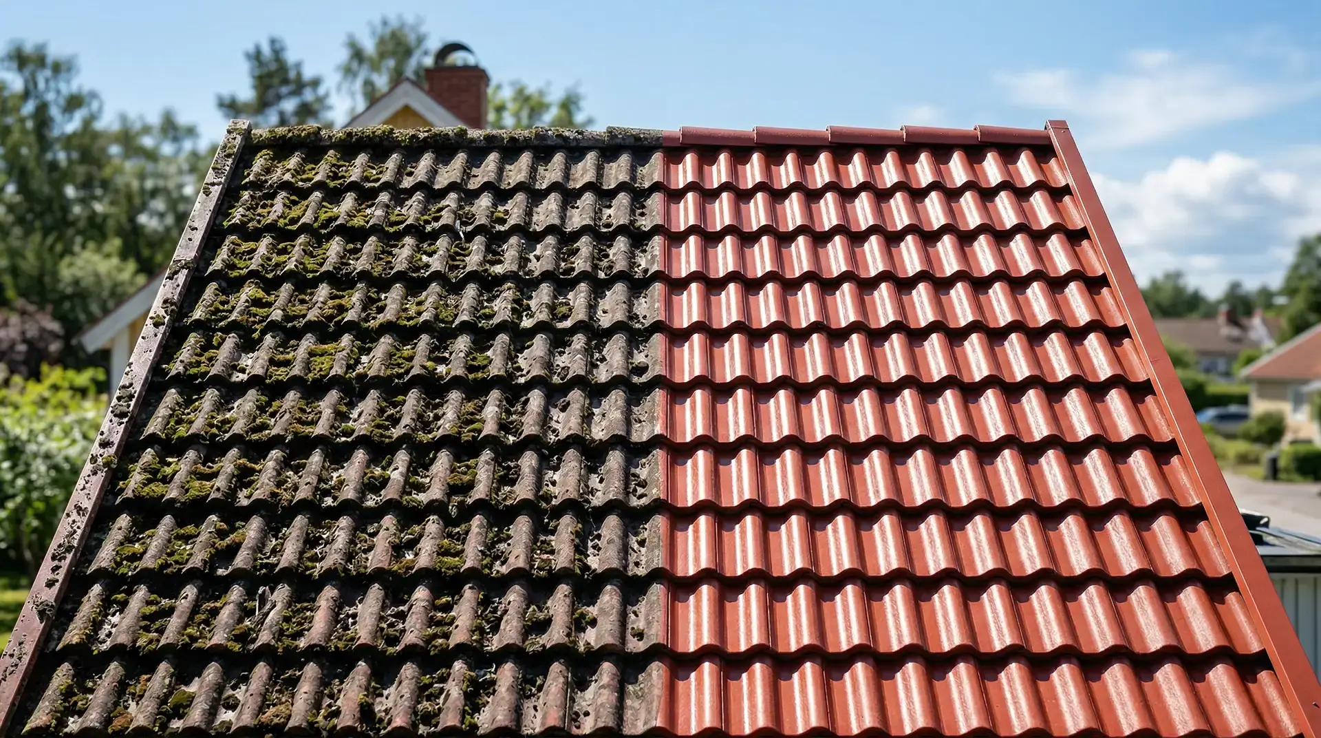 Ett tak halvt gammalt med mossa, halvt nytt med röda tegelplattor.