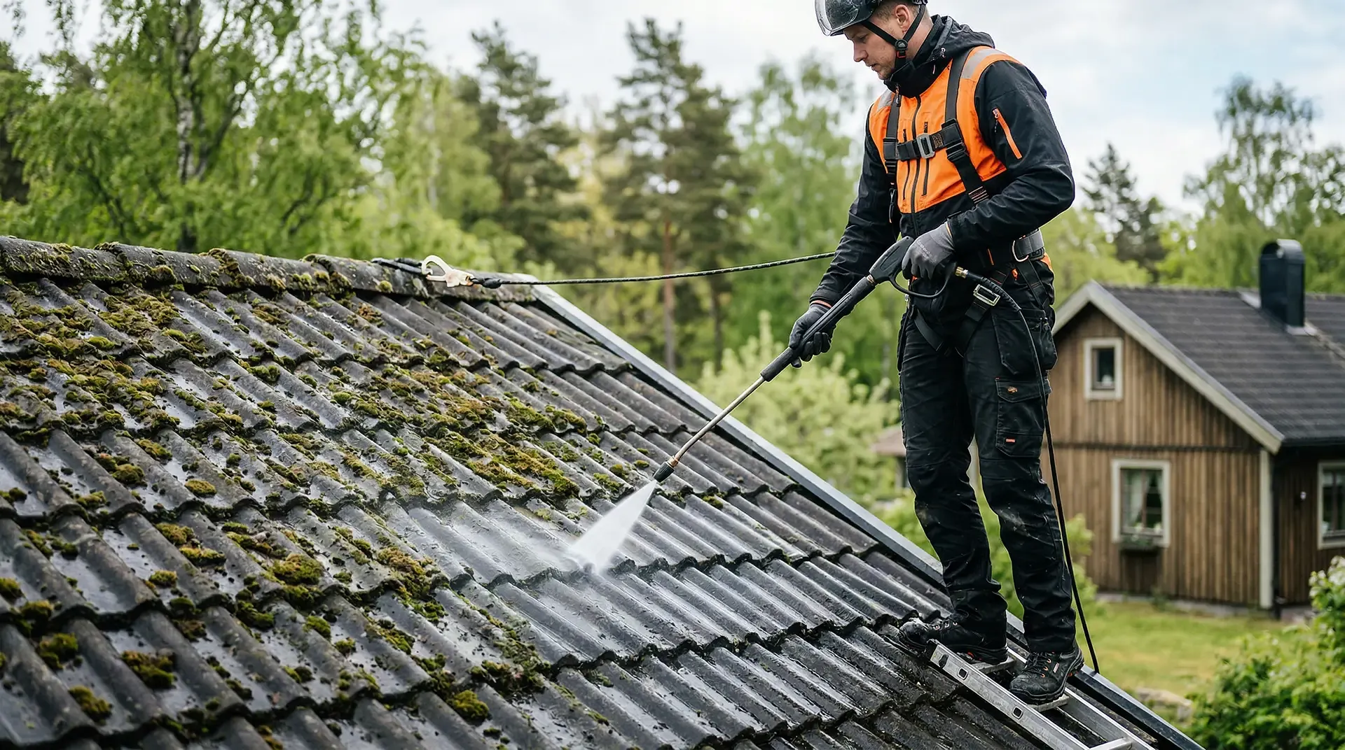 En person i säkerhetsutrustning högtryckstvättar ett mossbevuxet tak.