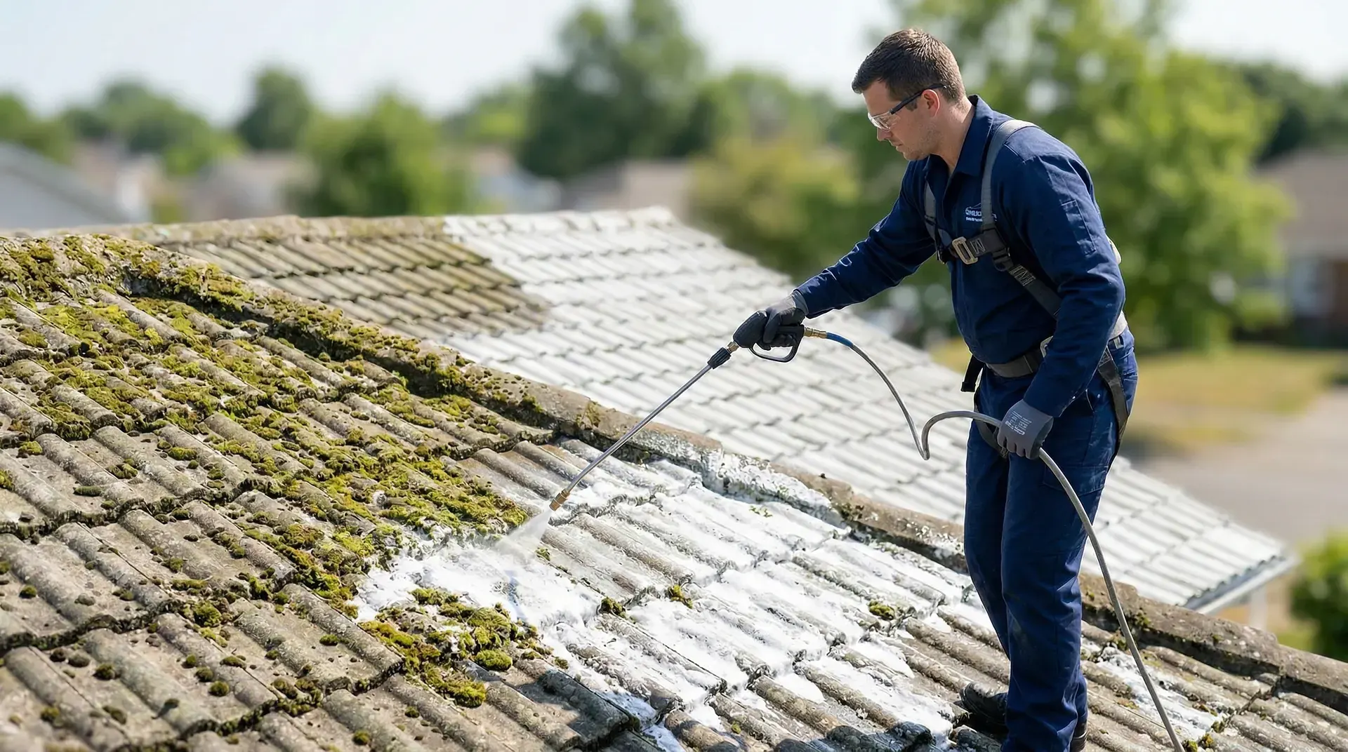 En person spruttvätt rensar ett mosstäckt tak med högtryckstvätt.
