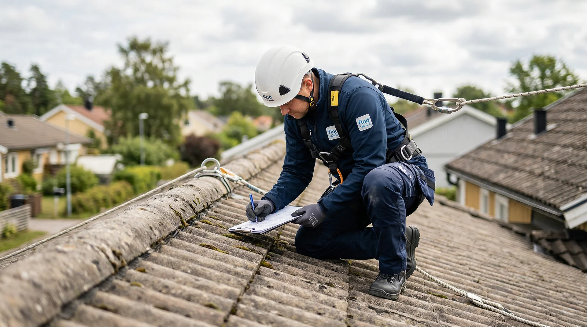 Takarbetare i säkerhetsutrustning skriver på anteckningsblock på takpannor.