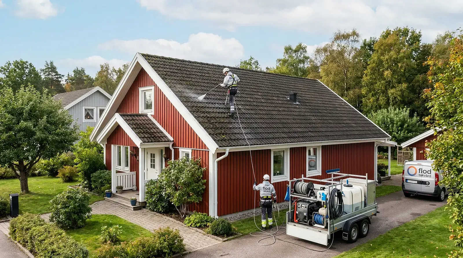 Taktvättare rengör tak på rött trähus med specialutrustning.
