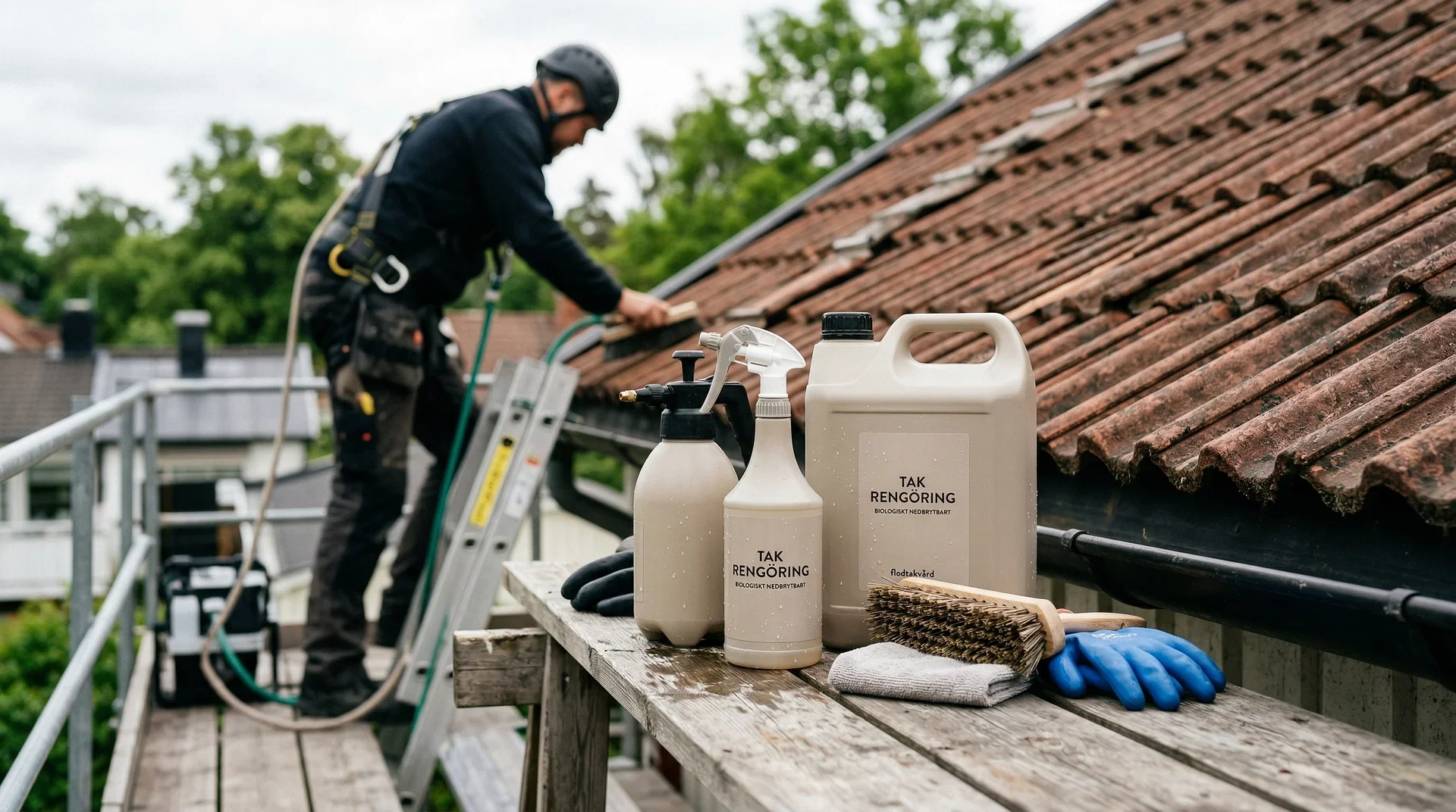 Taktvättare på tak med rengöringsprodukter och utrustning i förgrunden.