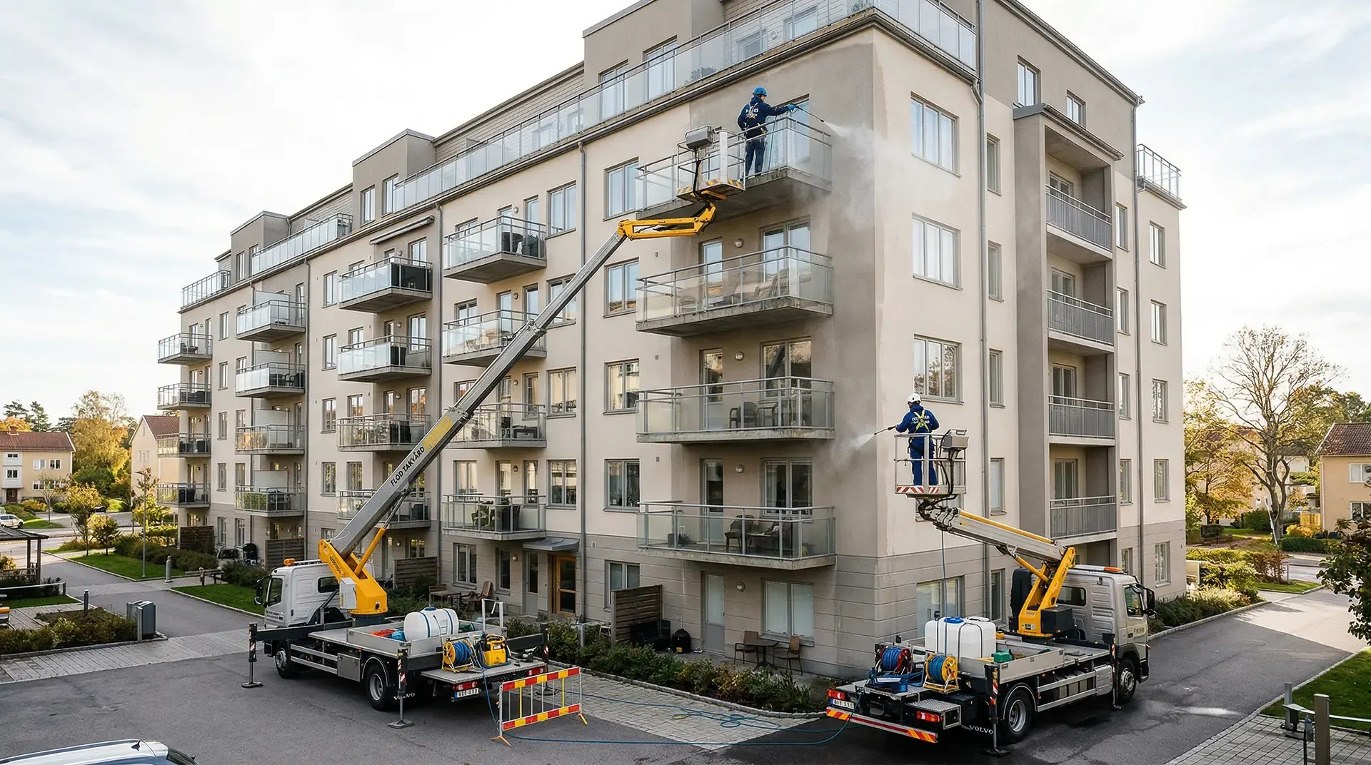 Två skyliftarbetare tvättar fasaden på ett modernt flervåningshus.