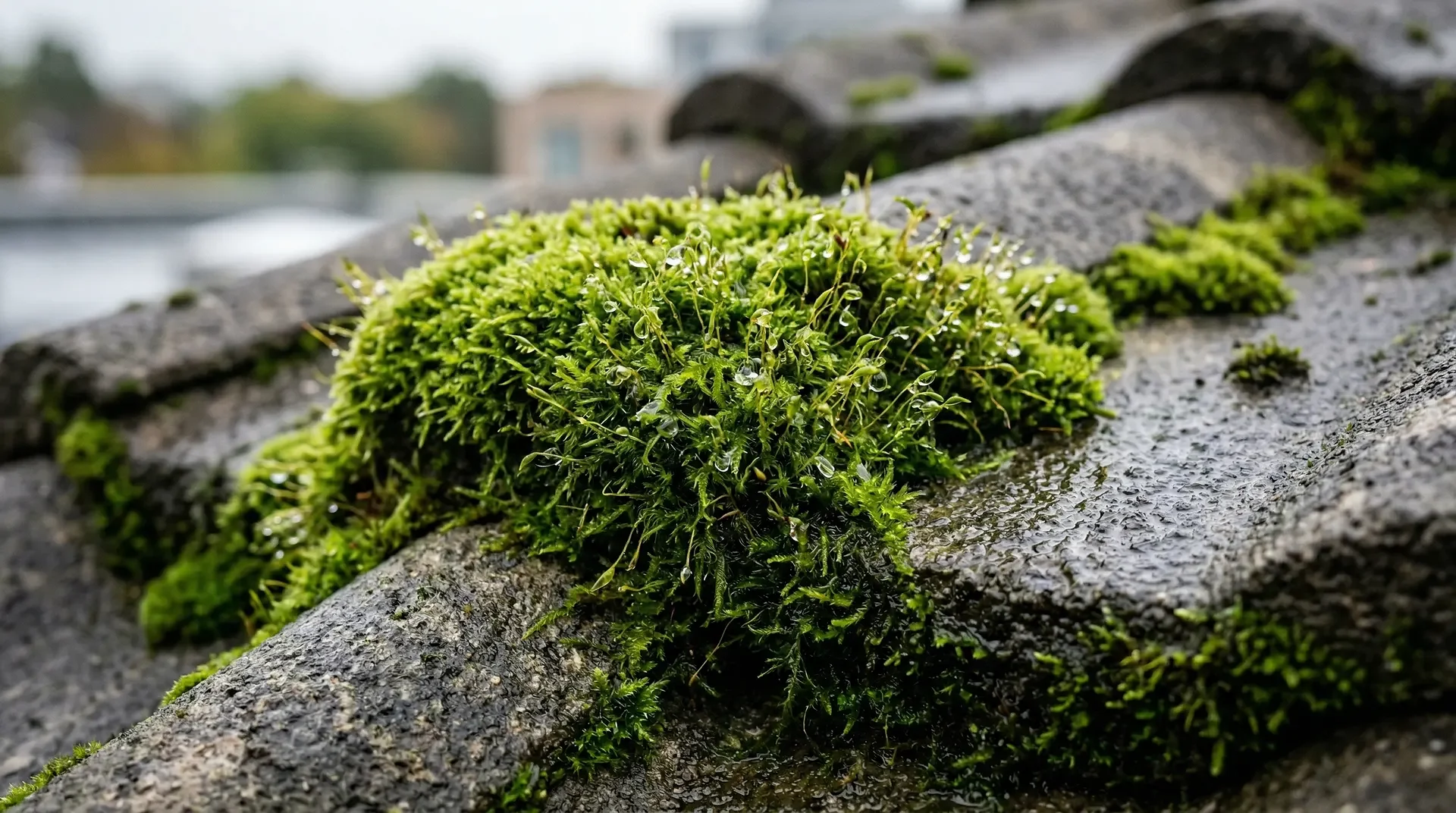 Grön mossa växer på grå stenyta med vattendroppar