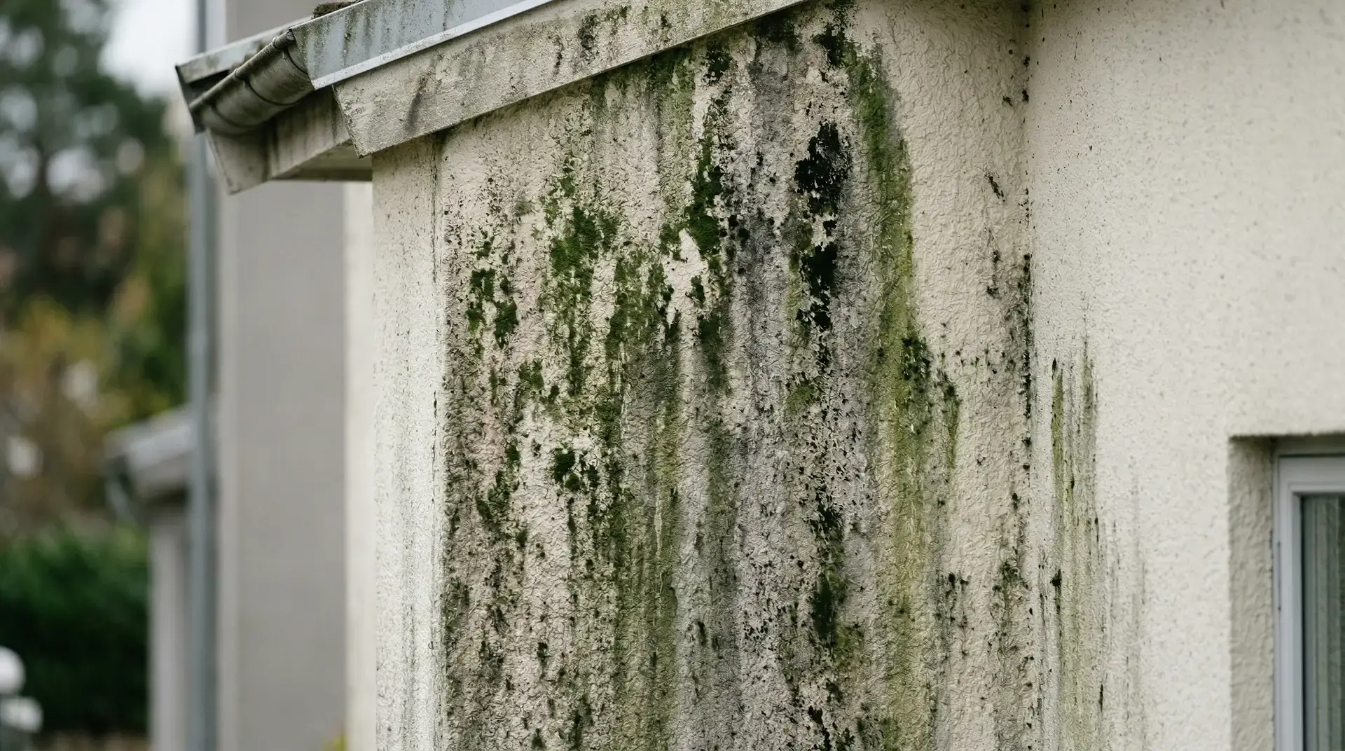 Vit husvägg med grön och svart mögel under takfoten.