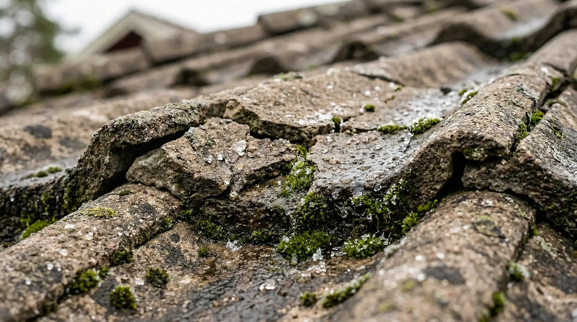 Gammalt tegeltak med mossa och förfall i närbild.