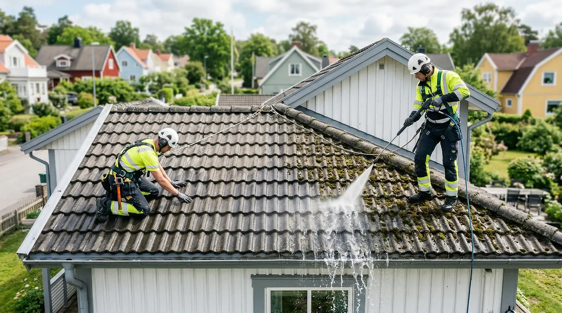 Två takarbetare i säkerhetsutrustning rengör mosigt tak med högtryckstvätt.
