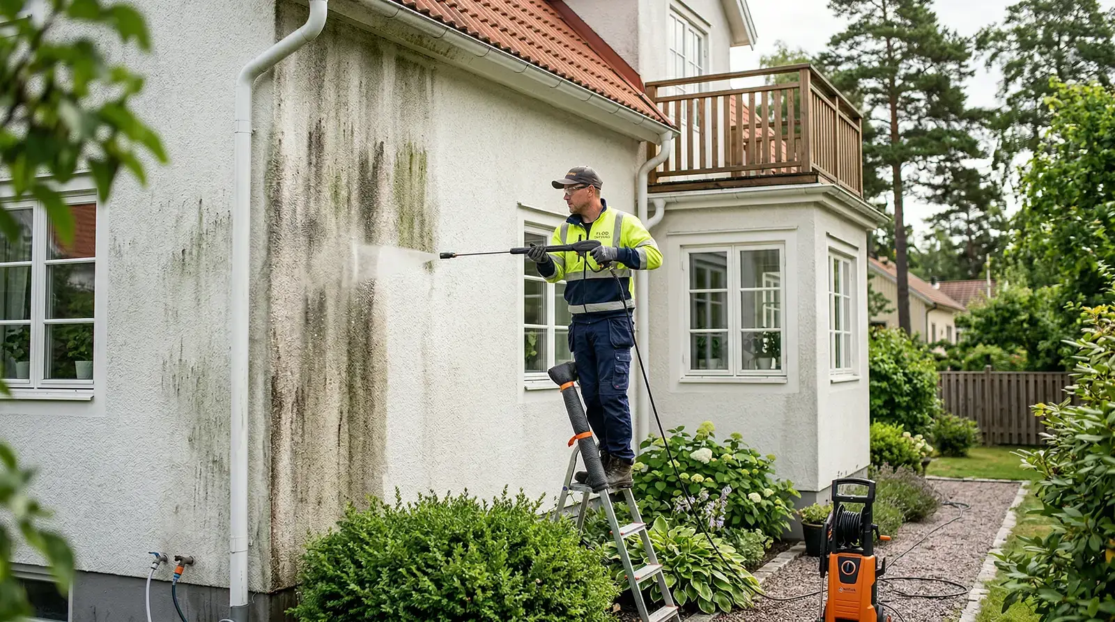 En man högtryckstvättar en husvägg med synligt algpåslag från en stege.